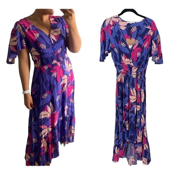 NWT ABEL THE LABEL Anthro Purple Floral Santa Cruz Short Sleeve Midi Dress XS - Picture 3 of 10
